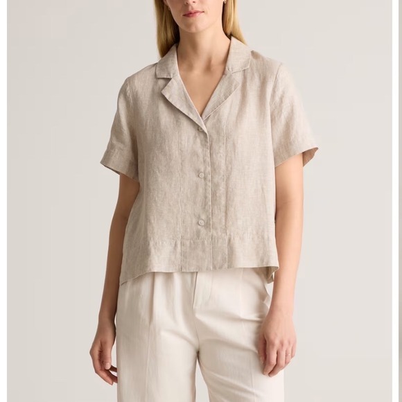 Quince Tops - Quince Womens 100% European Linen Short Sleeve Camp Collar Shirt Beige Small